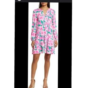 Lilly Pulitzer Alyssa Hibiscus Print Dress Long Sleeve Shift Size XS